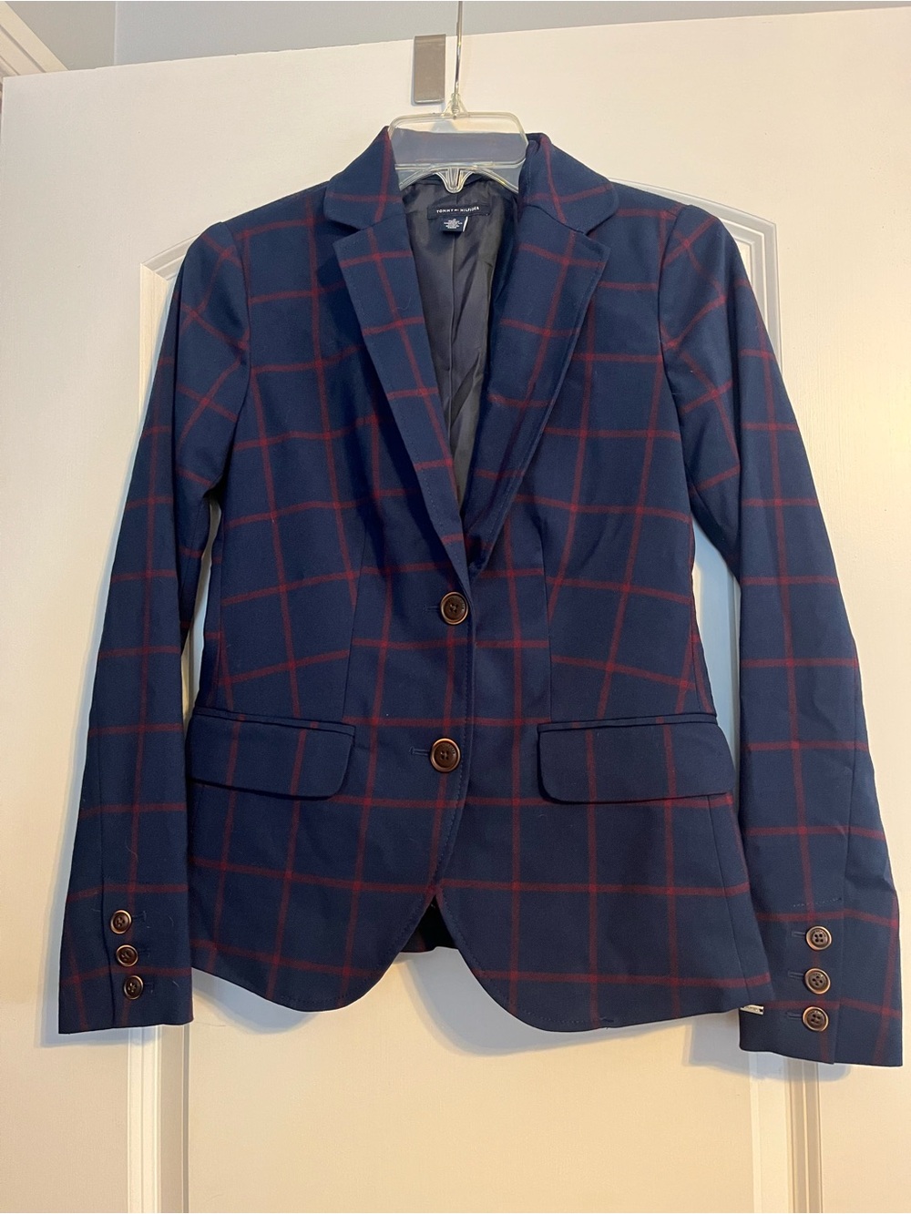 Tommy Hilfiger Navy Blue and Red Plaid Tailored Blazer Jacket Size 0